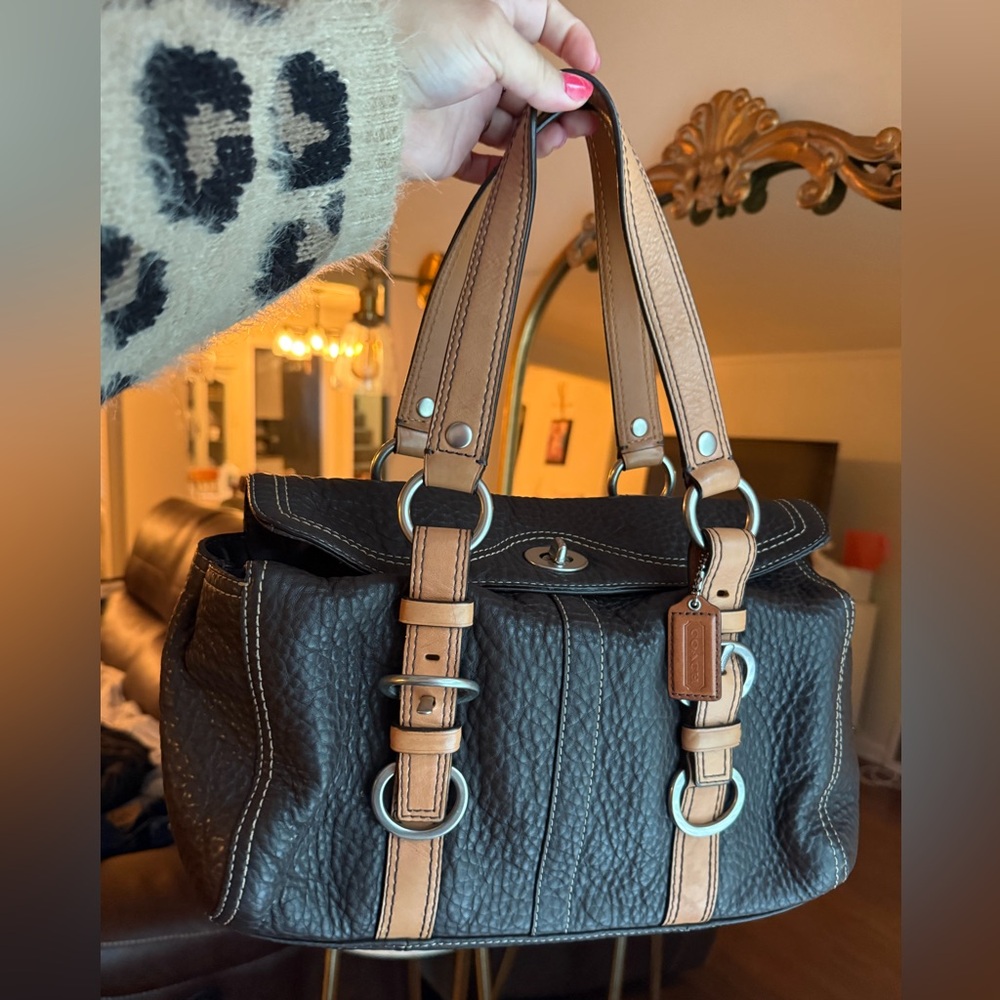 Coach Chelsea Leather Satchel Handbag in Dark Brown with Tan Trim